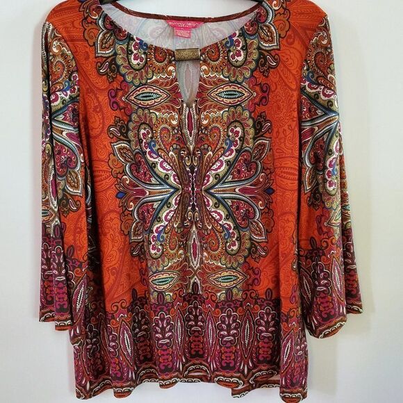 Sunny Leigh Tops - Boho Tunic Top With Long Flared Sleeves With A Paisley Mandala Print Sz PL
